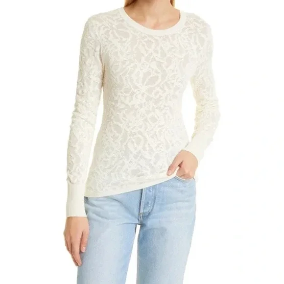 Rag & Bone Perry Lace Top Long Sleeve Semi Sheer Floral Jacquard Sweater White - Picture 2 of 16